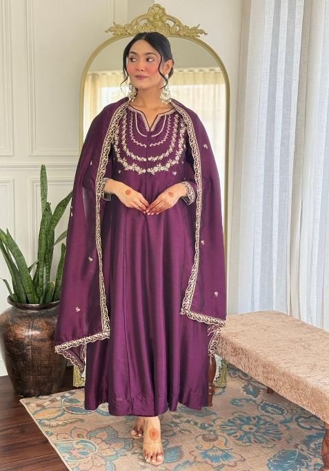 Wine Embroidered Art Silk Salwar Kameez With Dupatta