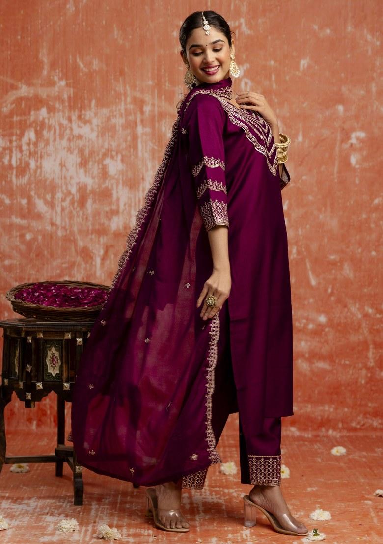 Purple Embroidered Viscose Salwar Kameez With Dupatta