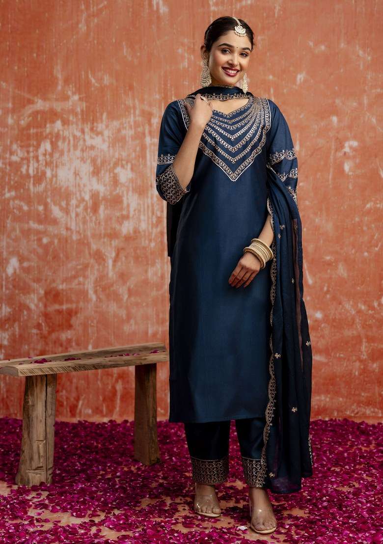 Teal Blue Embroidered Viscose Pakistani Suit Set - Indya