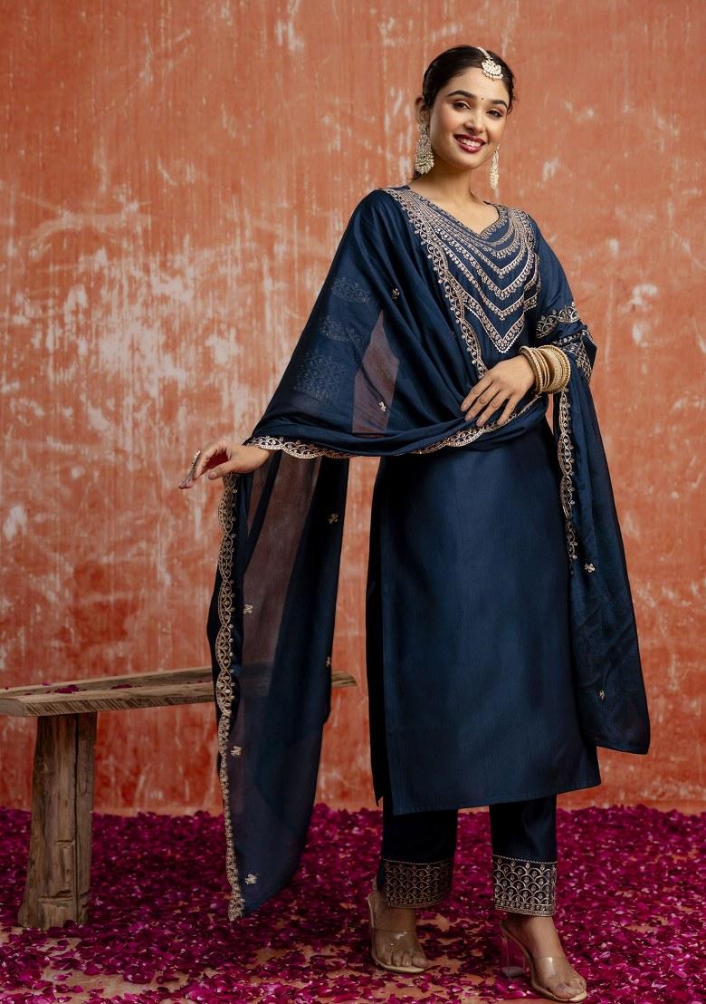 Teal Blue Embroidered Viscose Salwar Kameez With Dupatta