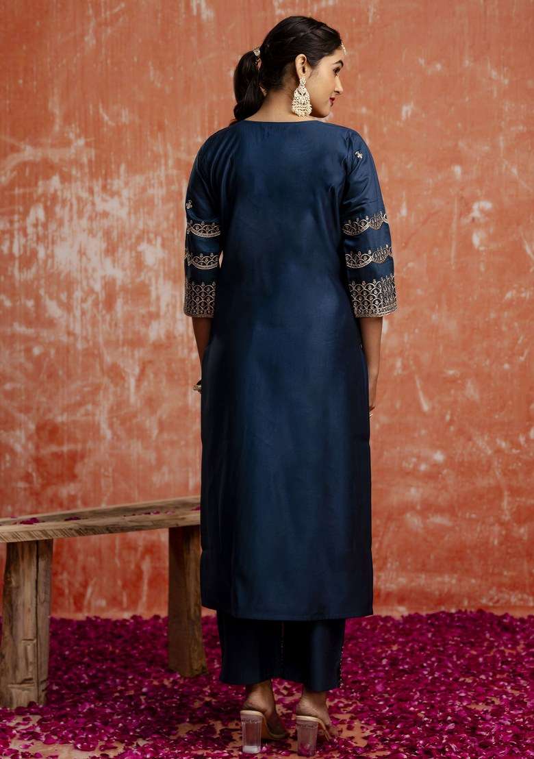 Teal Blue Embroidered Viscose Pakistani Suit Set - Indya
