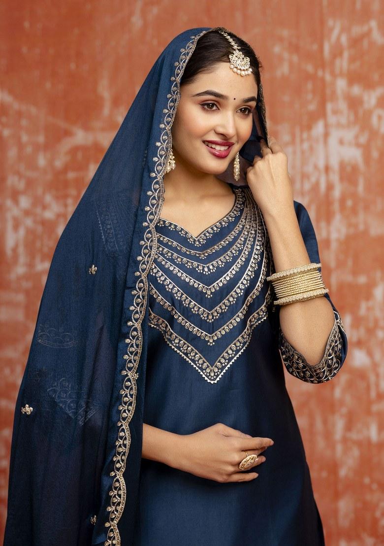 Teal Blue Embroidered Viscose Salwar Kameez With Dupatta