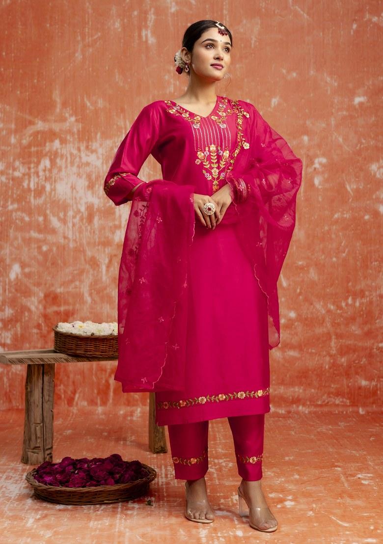 Pink Embroidered Viscose Salwar Kameez With Dupatta