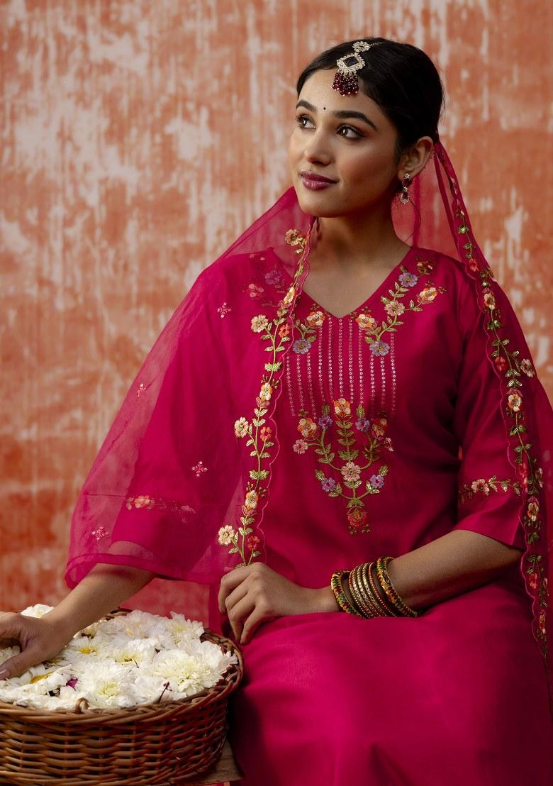 Pink Embroidered Viscose Salwar Kameez With Dupatta
