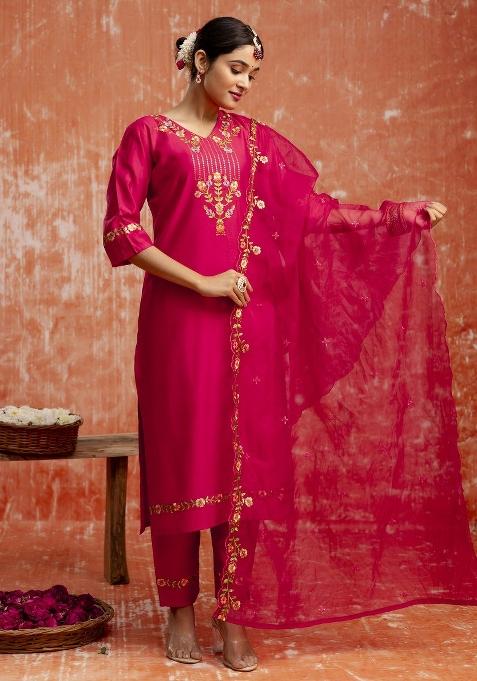 Pink Embroidered Viscose Salwar Kameez With Dupatta