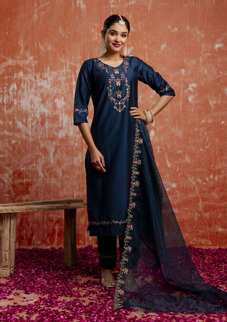 Blue Embroidered Viscose Pakistani Suit Set - Indya