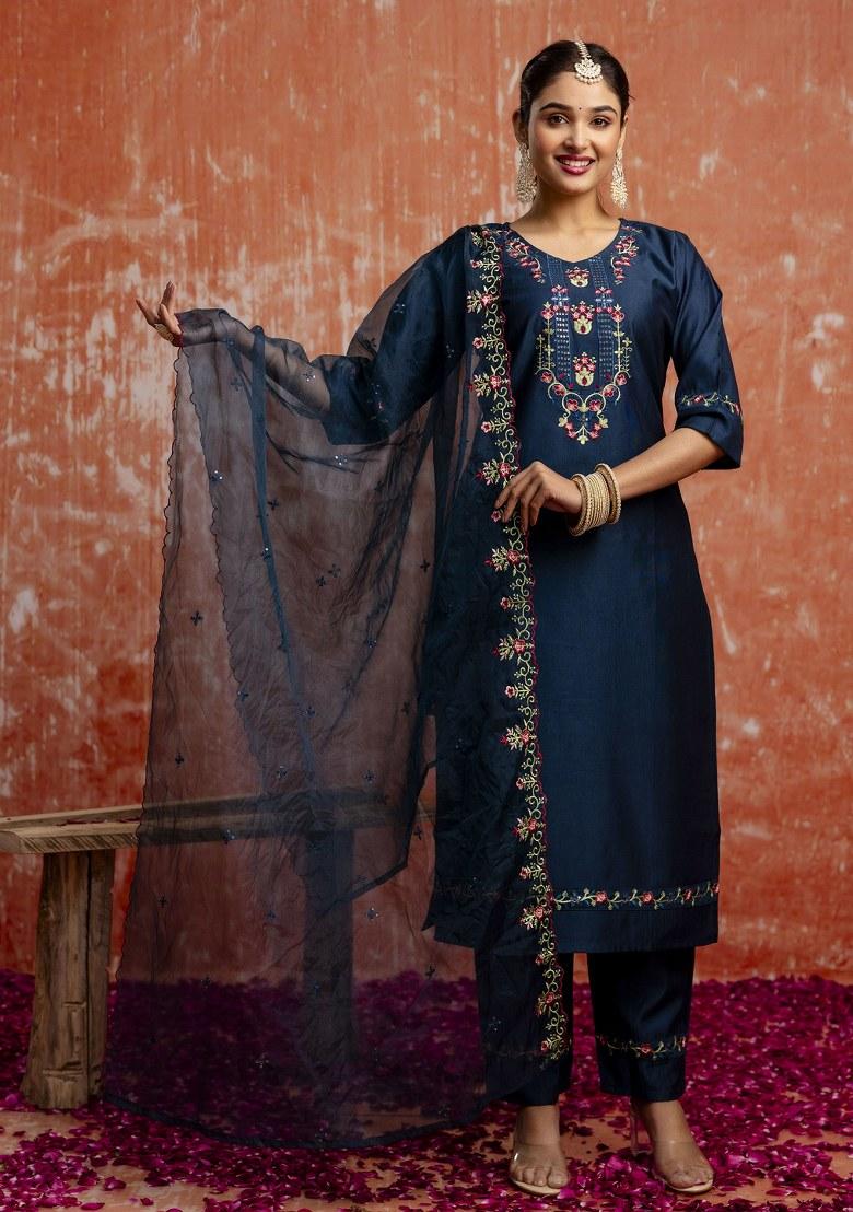 Blue Embroidered Viscose Salwar Kameez With Dupatta