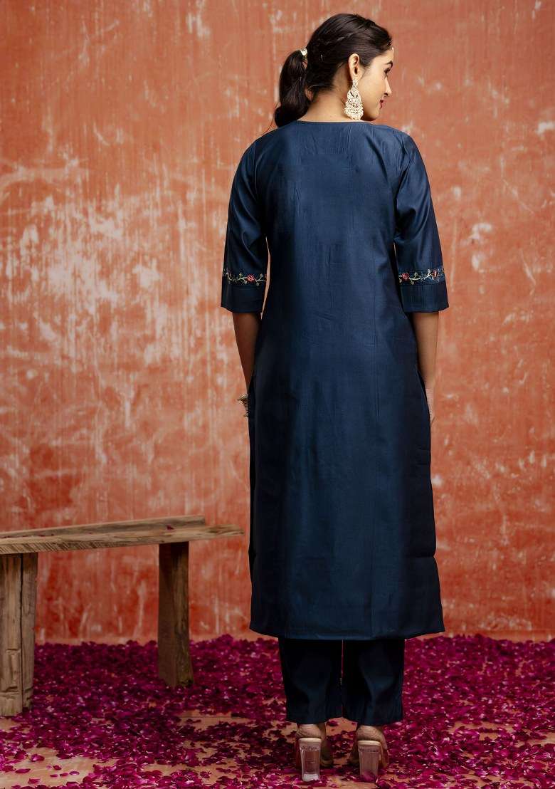 Blue Embroidered Viscose Pakistani Suit Set - Indya