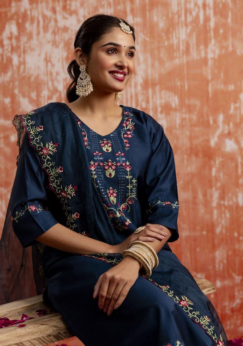 Blue Embroidered Viscose Salwar Kameez With Dupatta