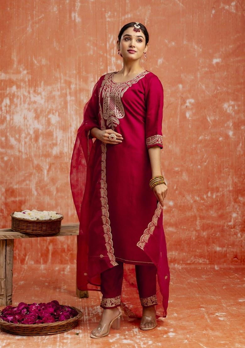 Maroon Embroidered Viscose Salwar Kameez With Dupatta