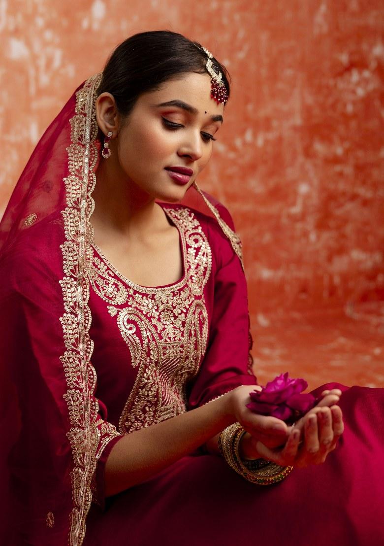 Maroon Embroidered Viscose Salwar Kameez With Dupatta