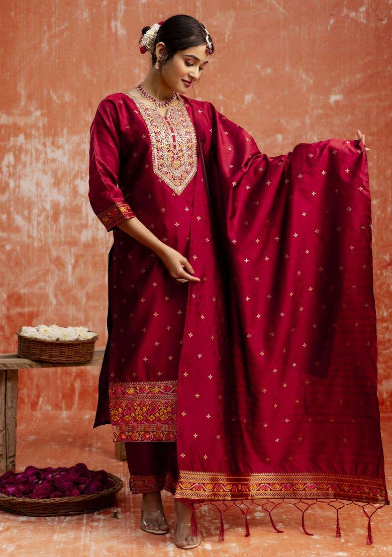 Maroon Embroidered Cotton Straight Kurta Set - Indya