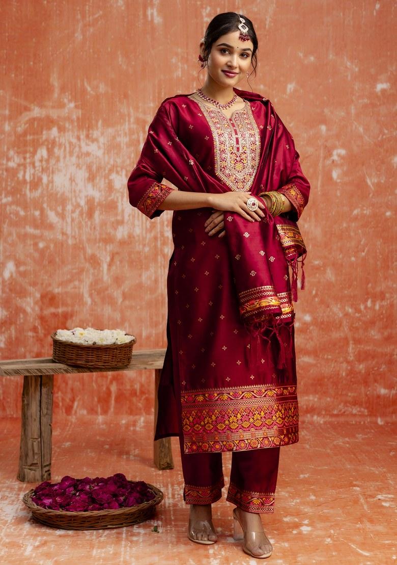 Maroon Embroidered Cotton Silk Salwar Kameez With Dupatta