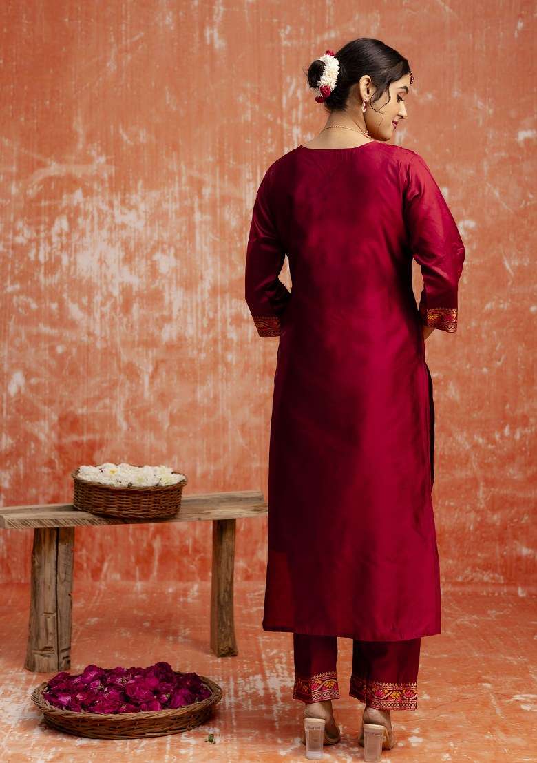 Maroon Embroidered Cotton Straight Kurta Set - Indya