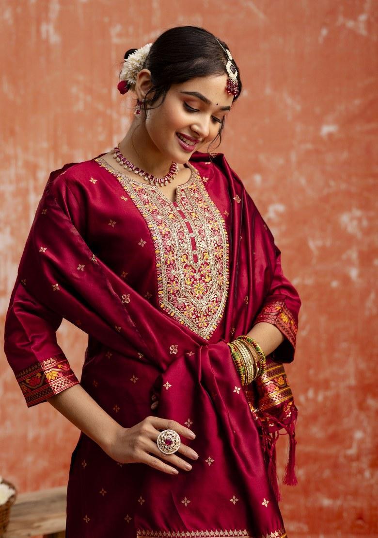 Maroon Embroidered Cotton Silk Salwar Kameez With Dupatta