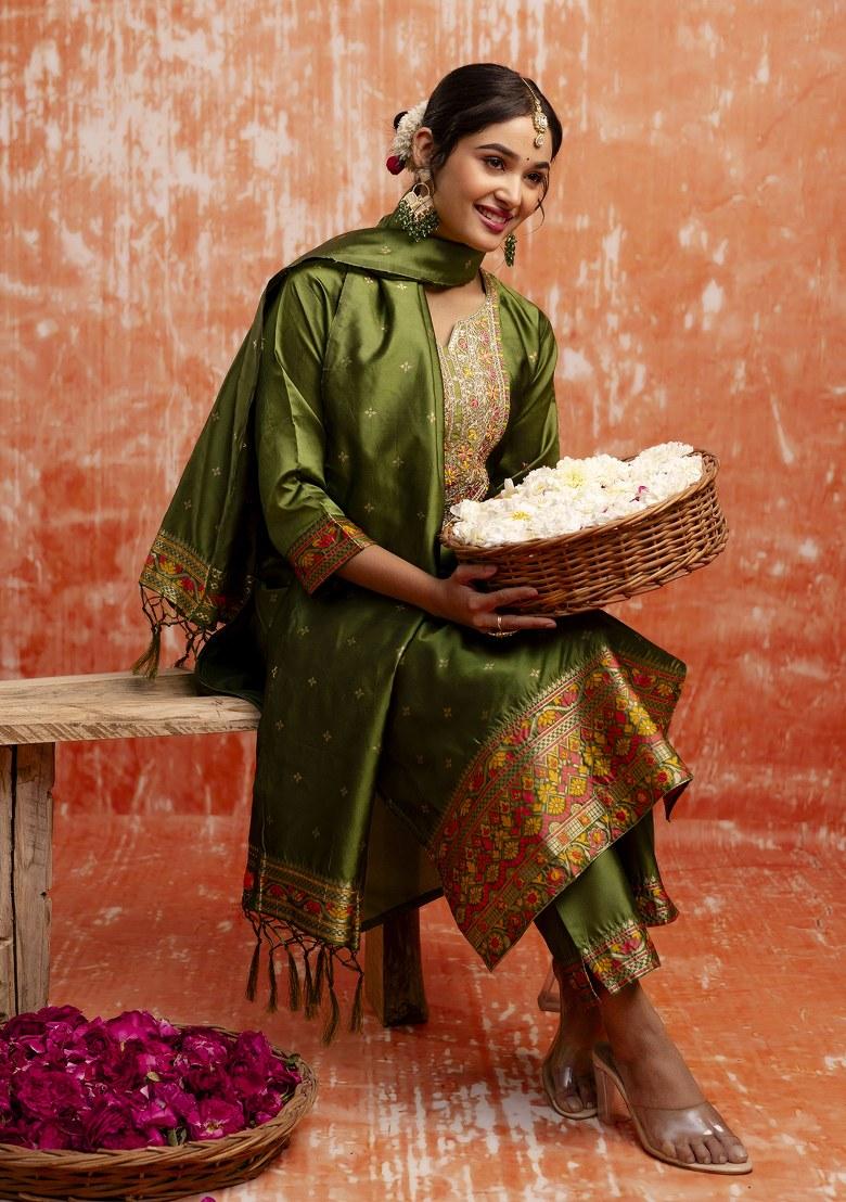 Green Embroidered Cotton Silk Salwar Kameez With Dupatta