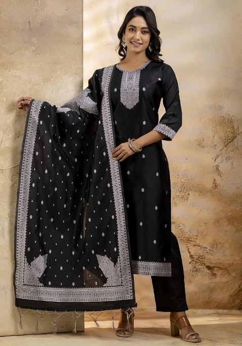 Black Embroidered Cotton Poly Salwar Kameez With Dupatta