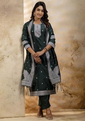 Green Embroidered Cotton Poly Salwar Kameez With Dupatta