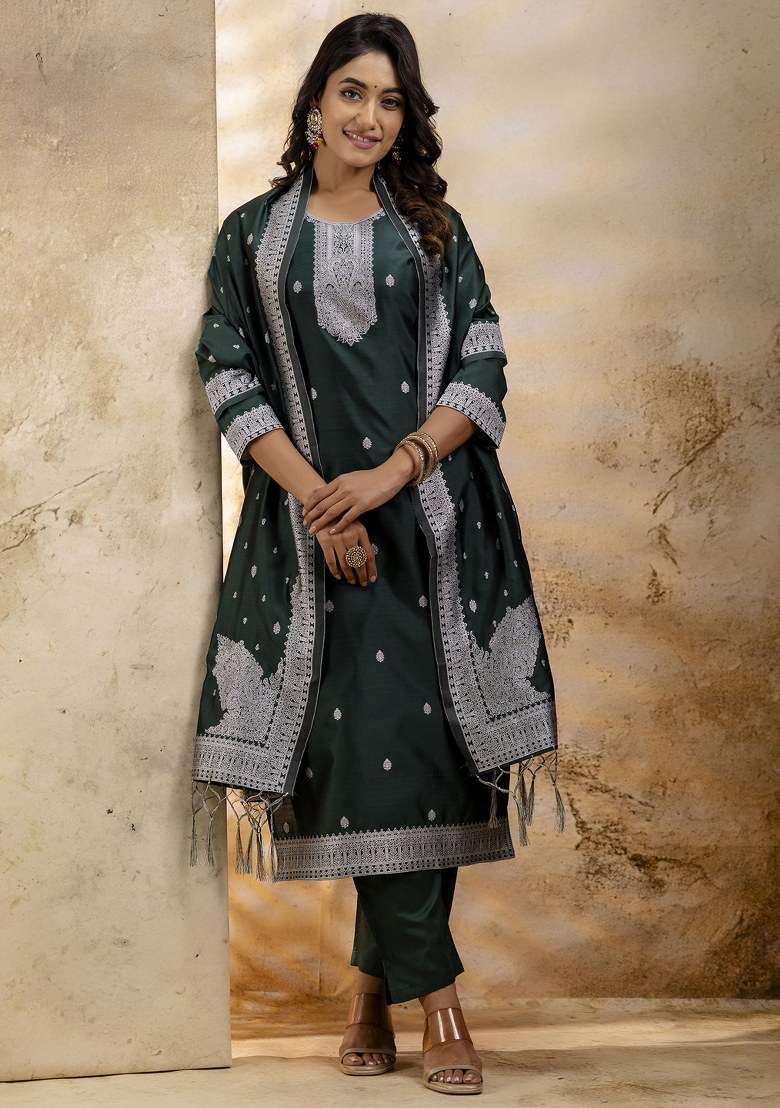 Green Embroidered Cotton Straight Kurta Set - Indya