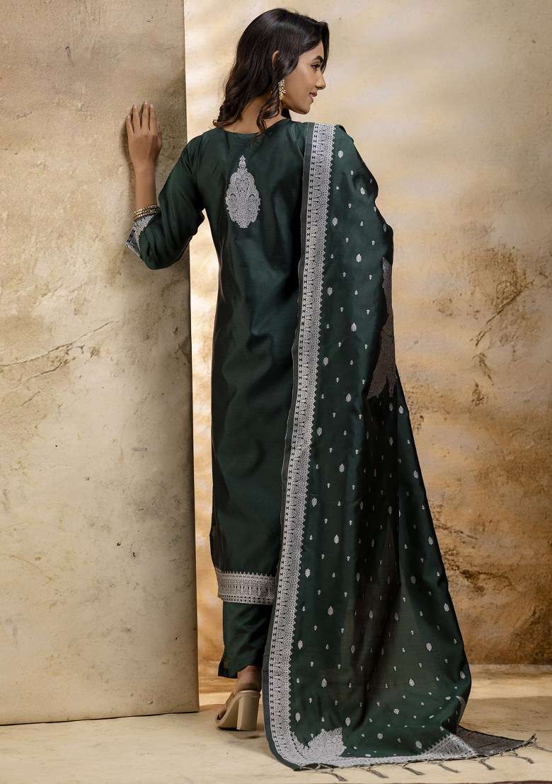 Green Embroidered Cotton Straight Kurta Set - Indya