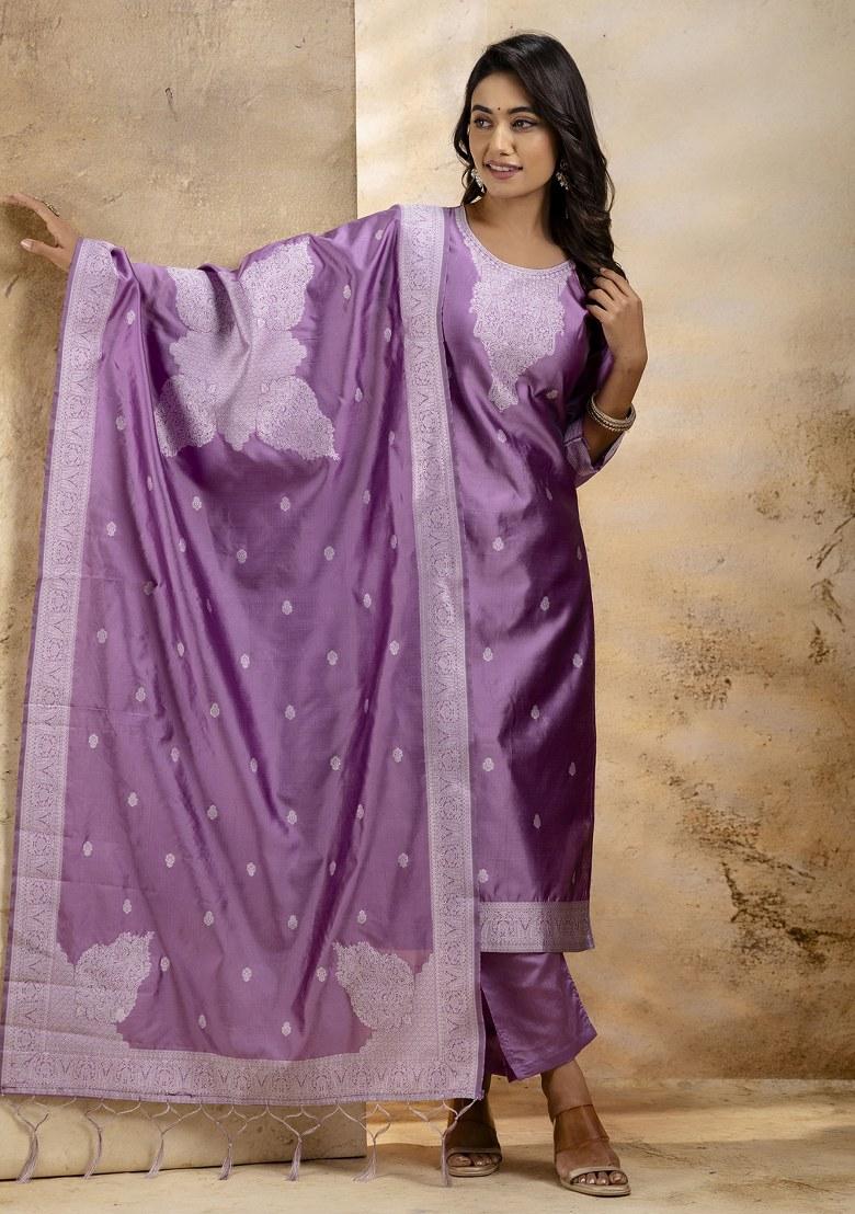 Lavender Embroidered Cotton Poly Salwar Kameez With Dupatta