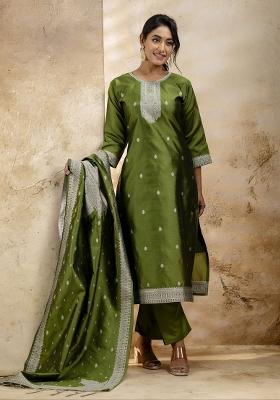 Green Embroidered Cotton Poly Salwar Kameez With Dupatta