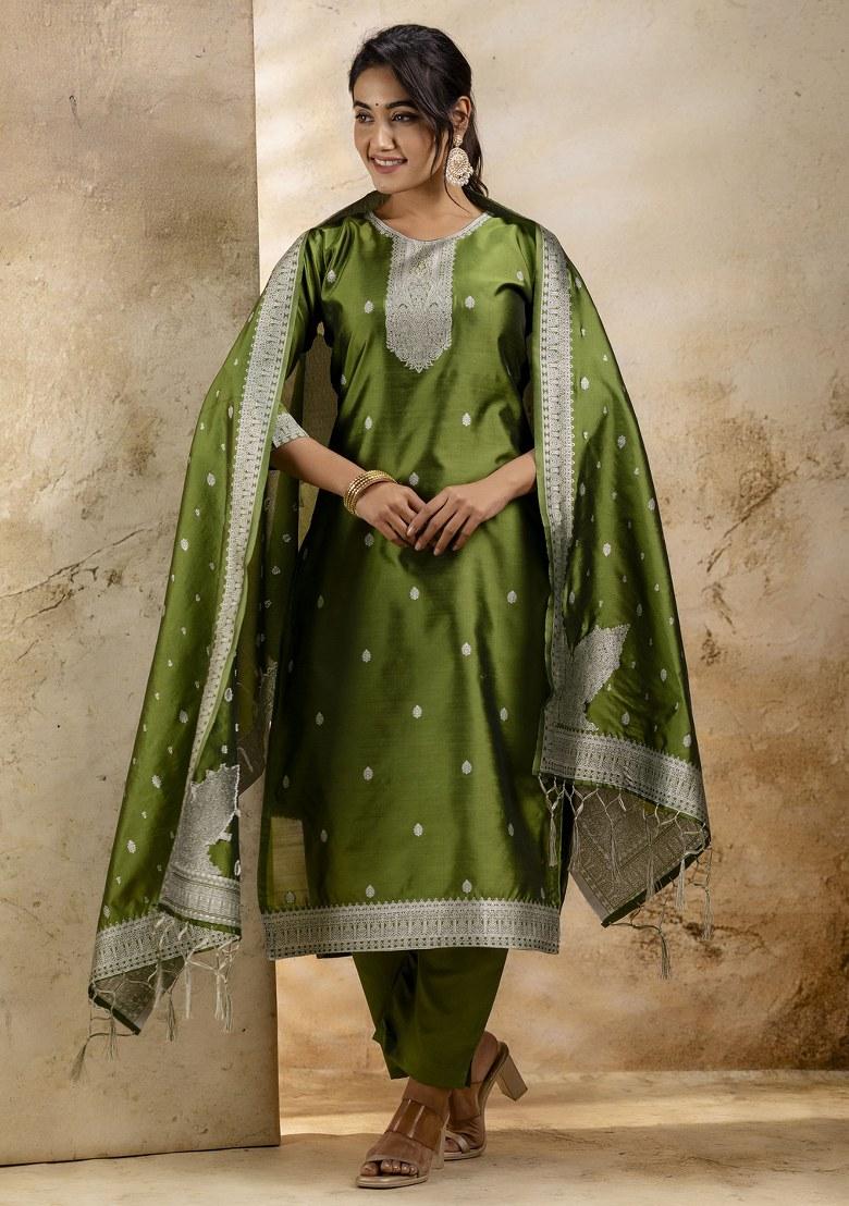 Green Embroidered Cotton Poly Salwar Kameez With Dupatta