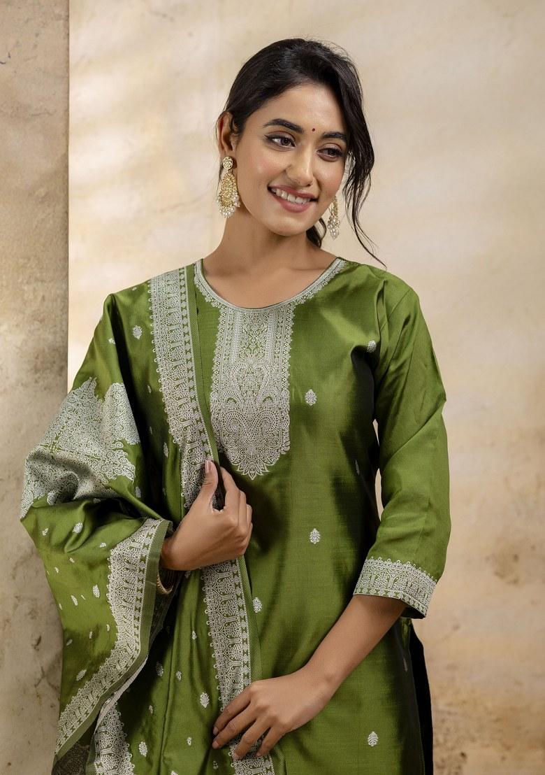 Green Embroidered Cotton Poly Salwar Kameez With Dupatta
