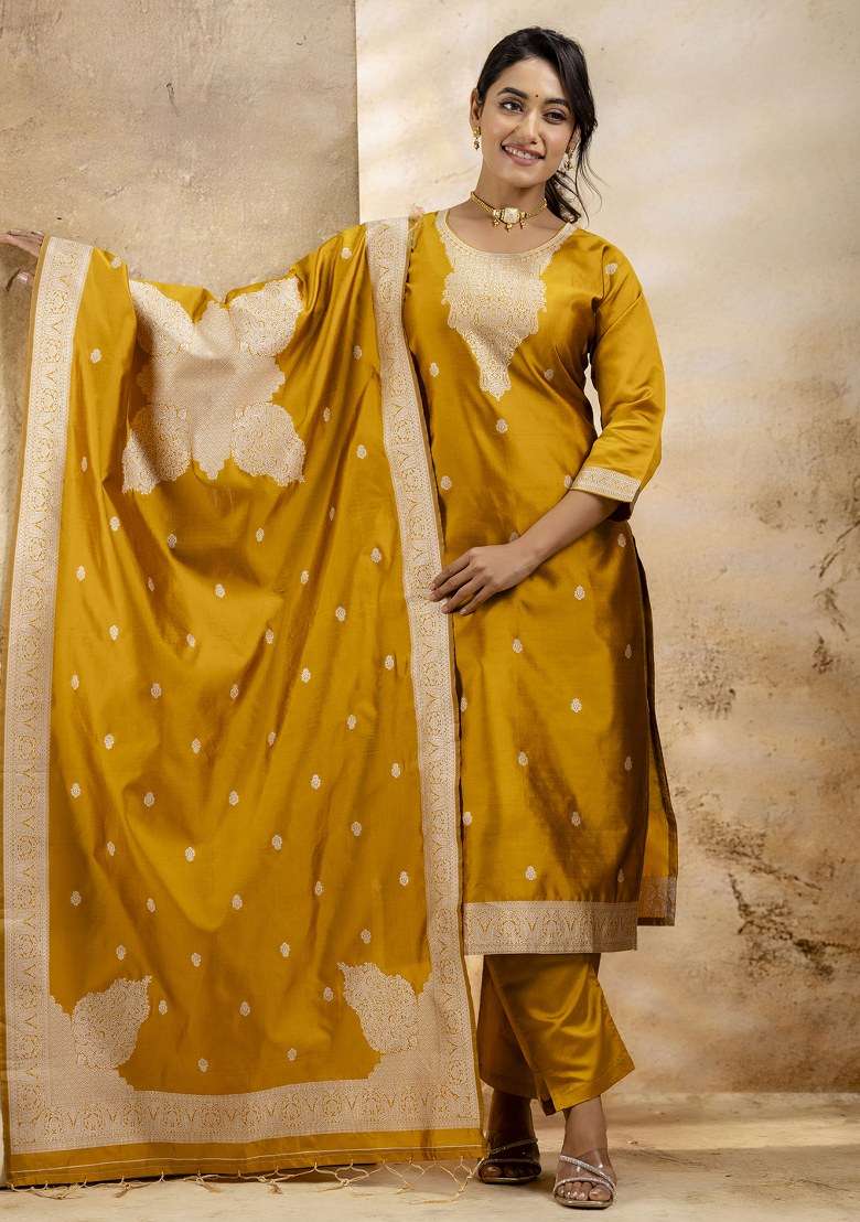 Yellow Zari Work Cotton Straight Kurta Set - Indya