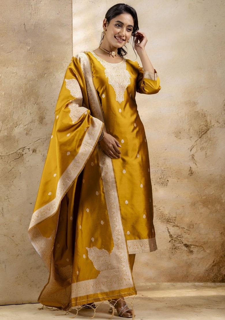Yellow Embroidered Cotton Poly Salwar Kameez With Dupatta