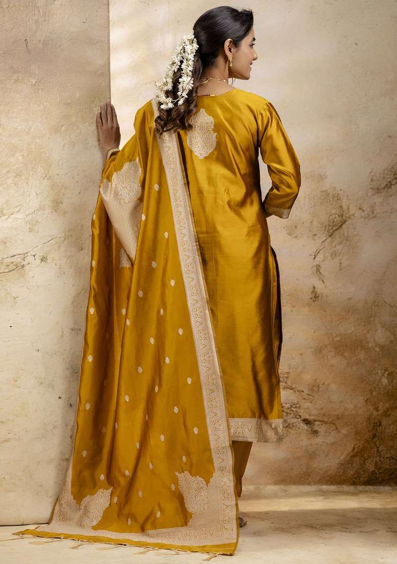 Yellow Zari Work Cotton Straight Kurta Set - Indya