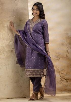 Lavender Embroidered Chanderi Salwar Kameez With Dupatta