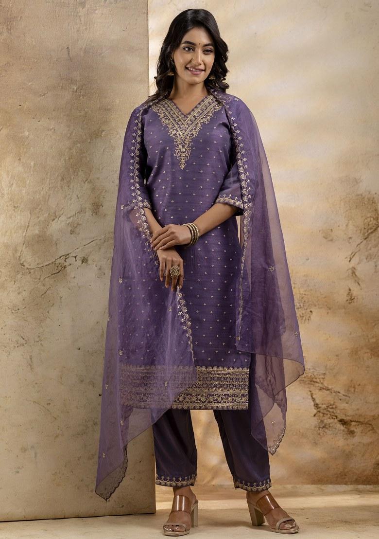 Lavender Embroidered Chanderi Salwar Kameez With Dupatta
