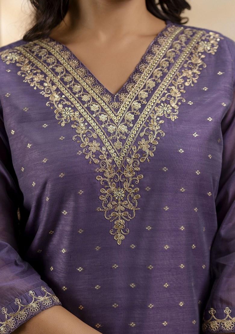 Lavender Embroidered Chanderi Salwar Kameez With Dupatta
