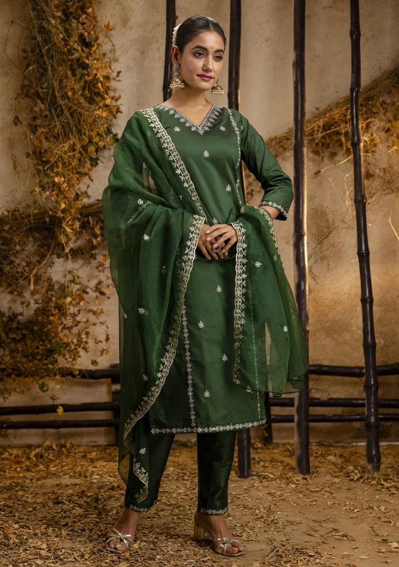 Green Embroidered Art Silk Salwar Kameez With Dupatta