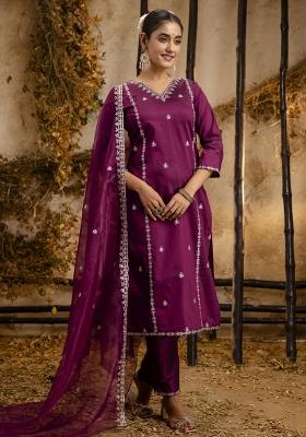 Purple Embroidered Art Silk Salwar Kameez With Dupatta