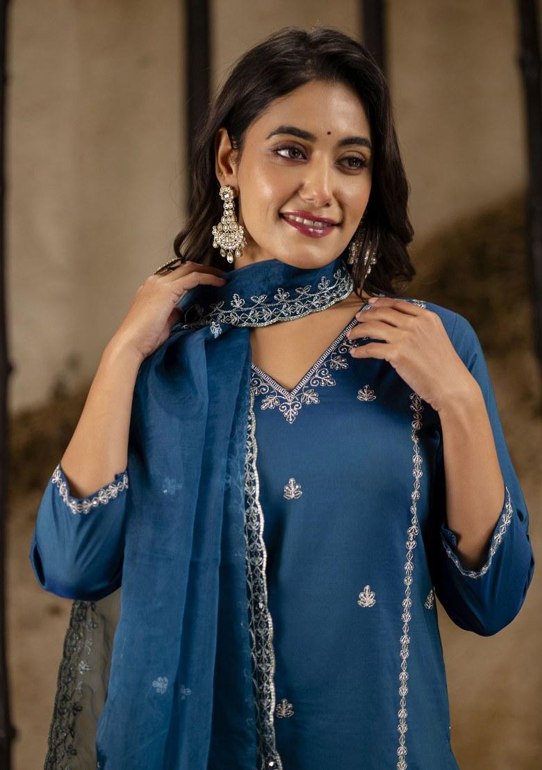 Teal Blue Embroidered Art Silk Salwar Kameez With Dupatta