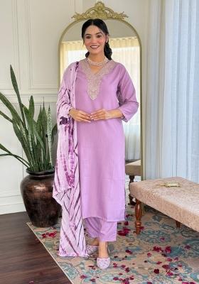 Lavender Printed Viscose Salwar Kameez With Dupatta