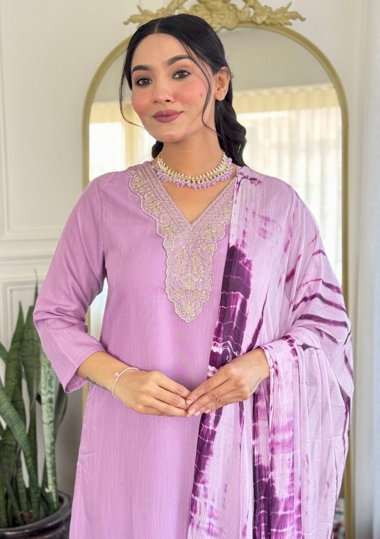 Lavender Printed Viscose Salwar Kameez With Dupatta