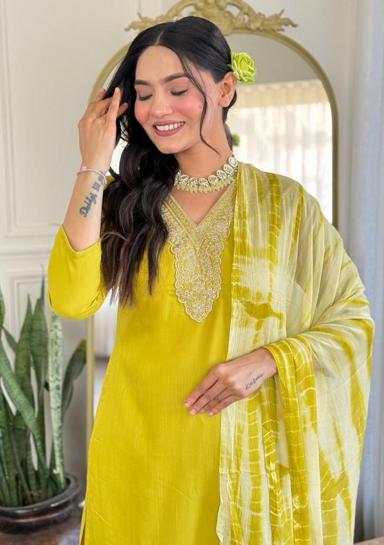 Lemon Yellow Printed Viscose Salwar Kameez With Dupatta