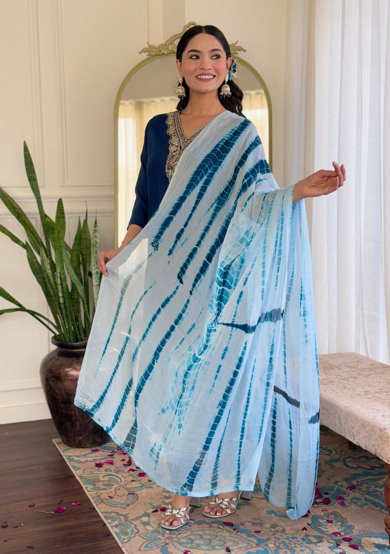 Blue Printed Viscose Salwar Kameez With Dupatta