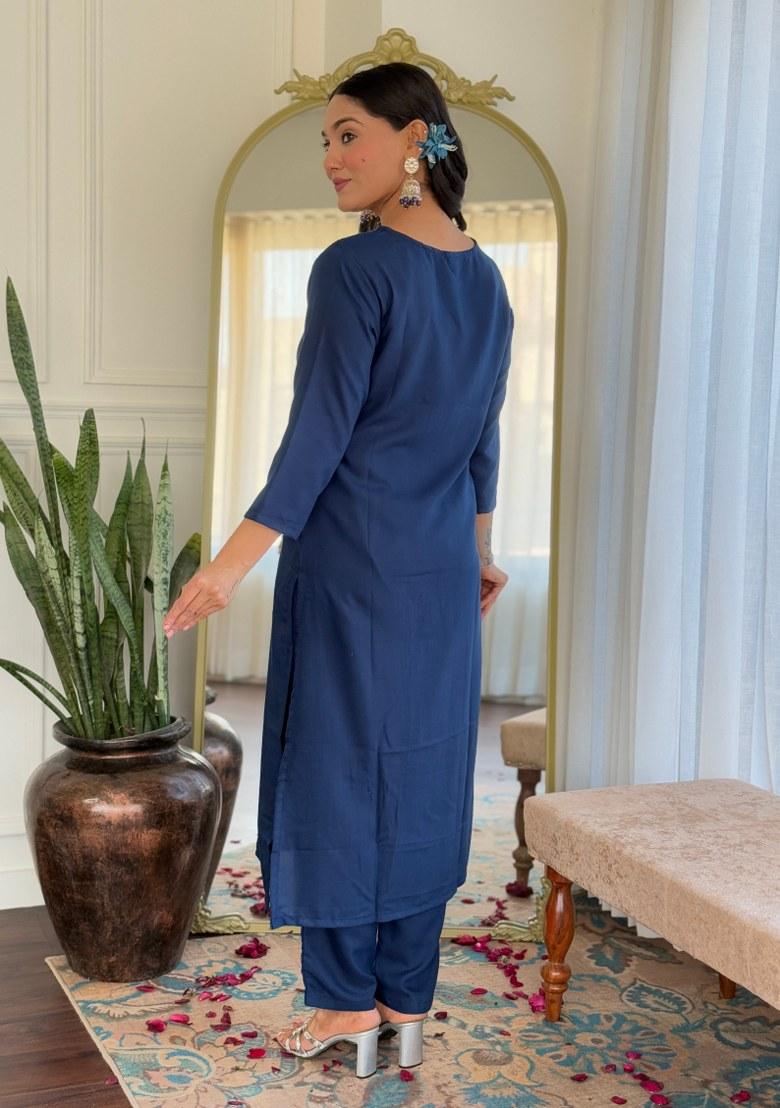 Blue Printed Viscose Salwar Kameez With Dupatta