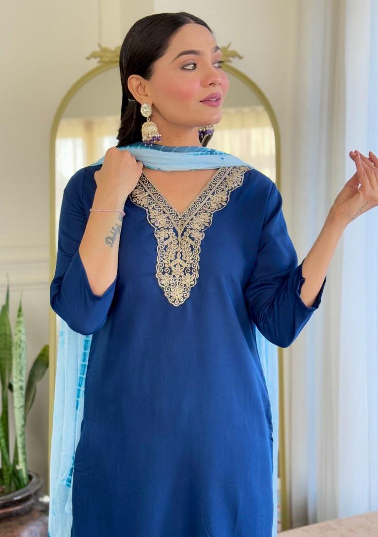 Blue Printed Viscose Salwar Kameez With Dupatta