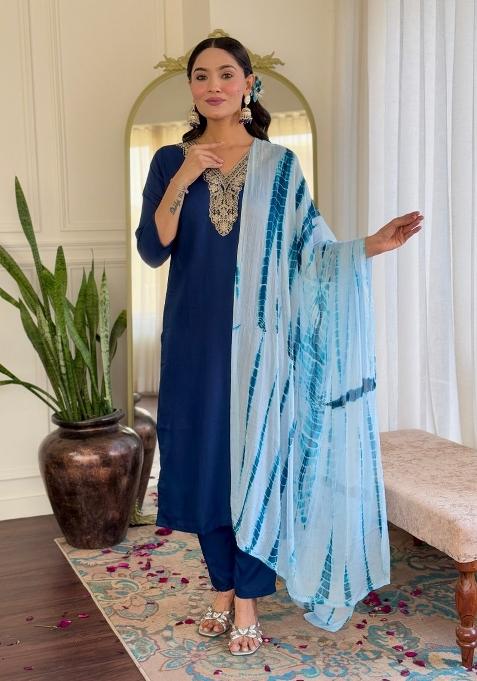 Blue Printed Viscose Salwar Kameez With Dupatta