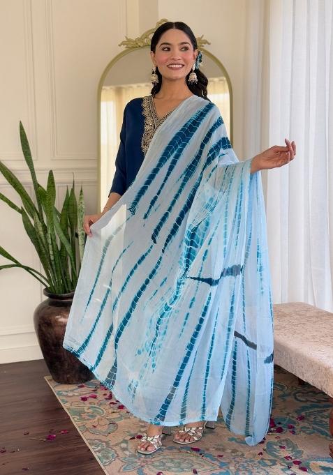 Blue Printed Viscose Salwar Kameez With Dupatta