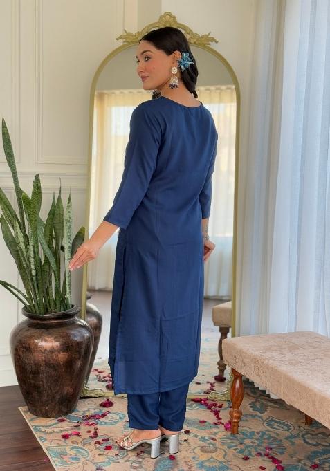 Blue Printed Viscose Salwar Kameez With Dupatta