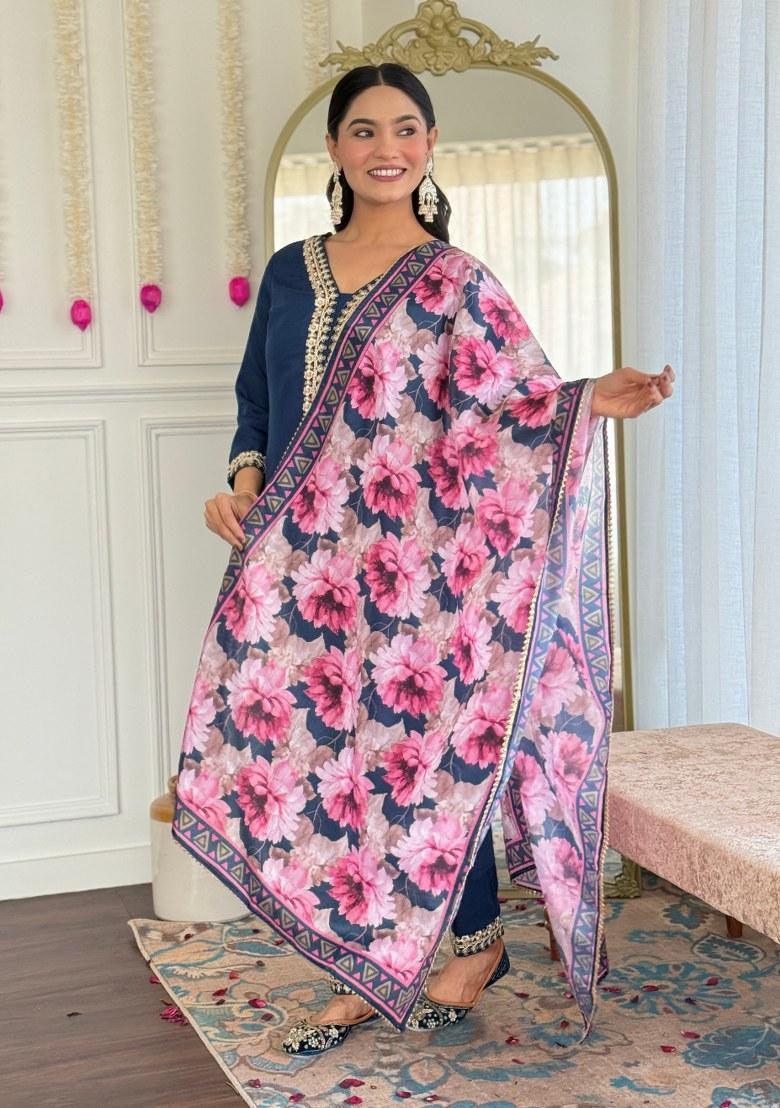 Blue Printed Viscose Salwar Kameez With Dupatta