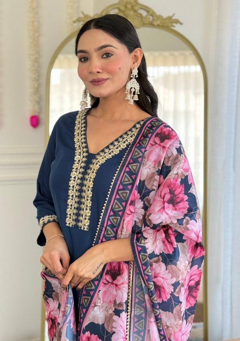 Blue Printed Viscose Salwar Kameez With Dupatta