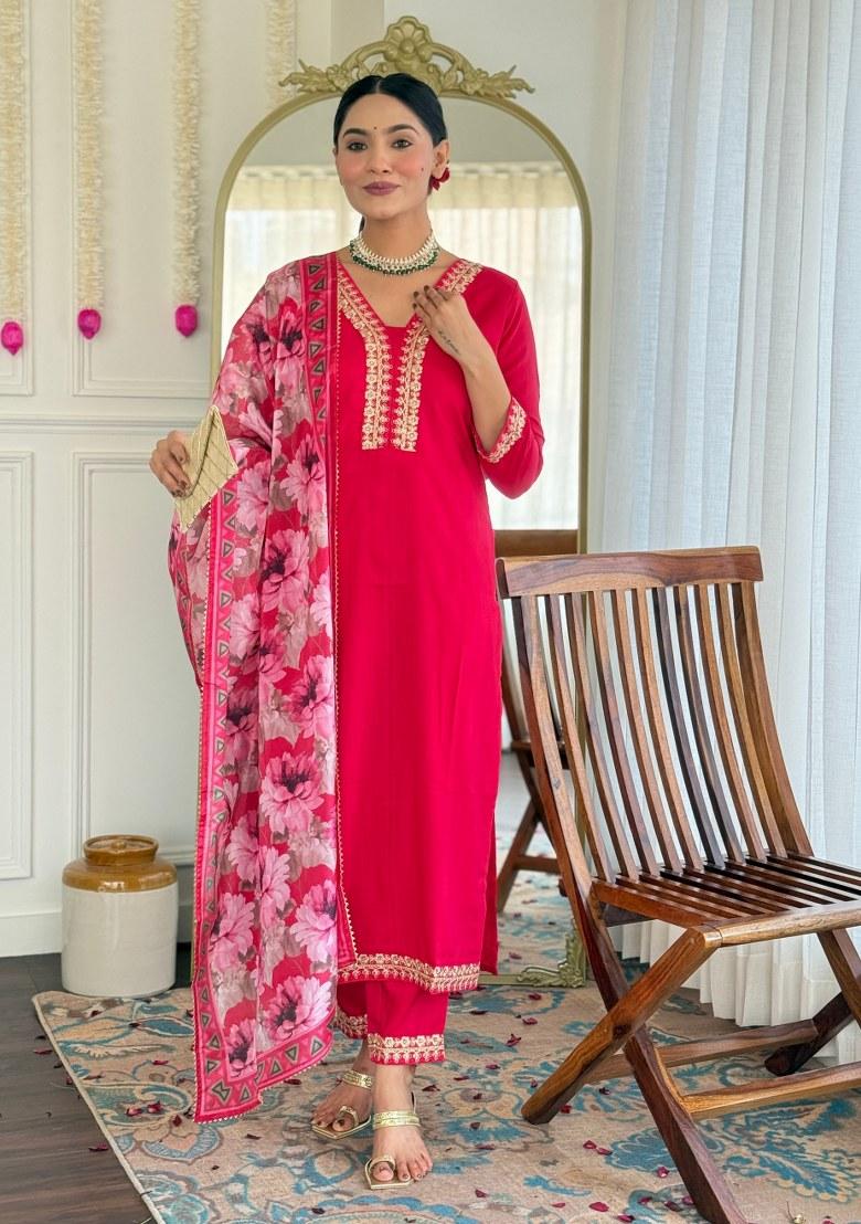 Pink Printed Viscose Salwar Kameez With Dupatta