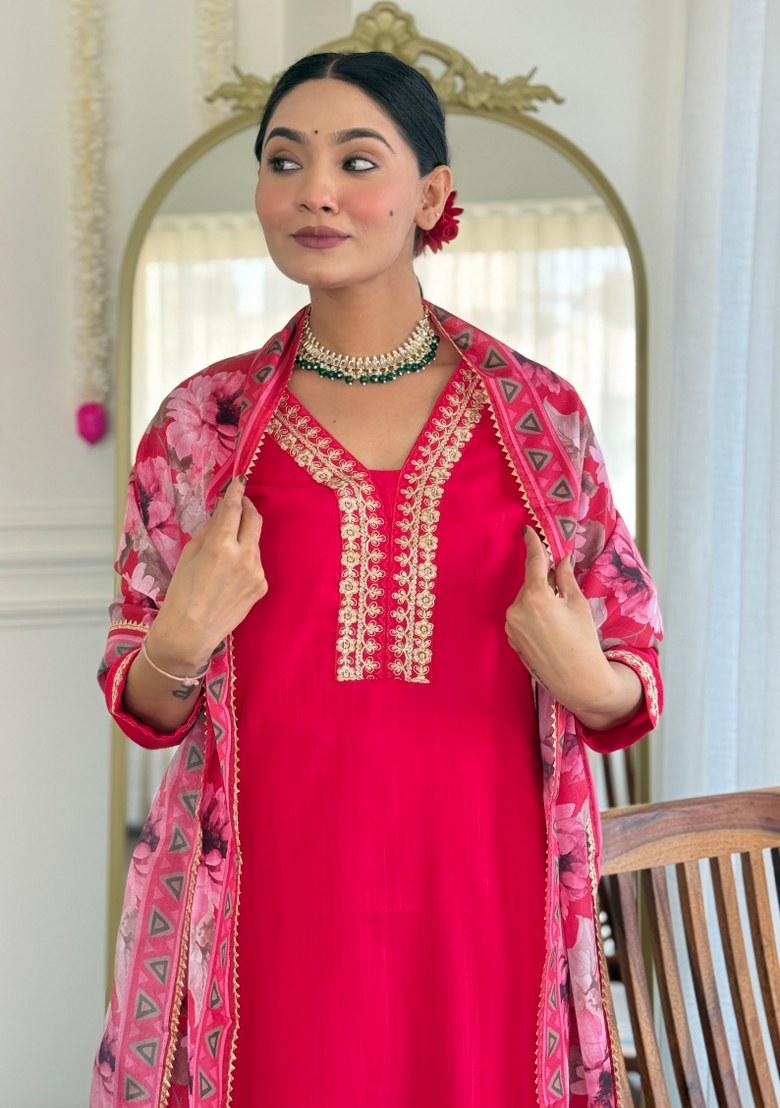 Pink Printed Viscose Salwar Kameez With Dupatta